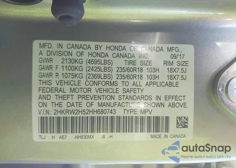 2017 Honda Cr-V Ex from USA, damaged, VIN 2HKRW2H52HH680743